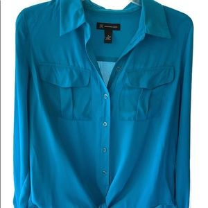 INC long sleeve sheer button down blouse